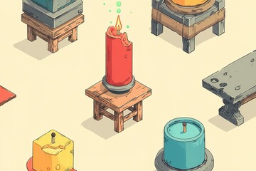 Poster - Colorful candles in a whimsical arrangement on wooden stands in a serene setting