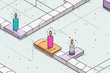Poster - Colorful candles illuminate a whimsical maze with minimalistic design in a playful setting