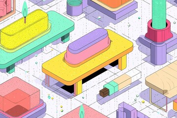 Poster - Brightly colored abstract furniture arrangement in a modern, playful space during daylight hours