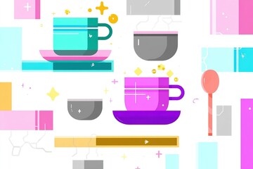 Poster - Colorful illustrated cups and plates arranged creatively in a bright pastel environment