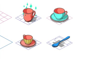 Poster - Colorful cups and a spoon arranged on a geometric background during a creative design session