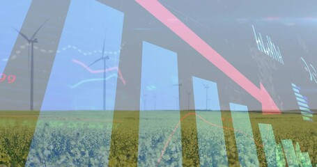 Poster - Translucent bar chart showing descending pink arrow over yellow field with wind turbines, in 3D