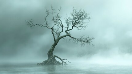 Poster - Lonely, leafless tree stands in misty water.