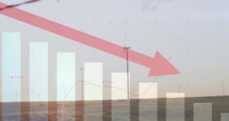 Poster - Transparent red arrow cutting diagonally over wind turbine bar chart showing falling energy data