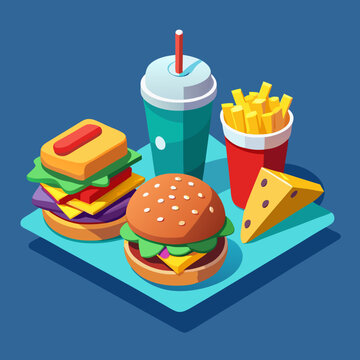 Isometric Illustration of Fast Food Meal with Burgers Fries and Soda