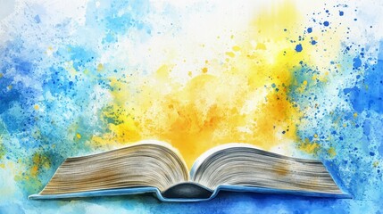 Aufkleber - Open book glowing with vibrant watercolor splash background.