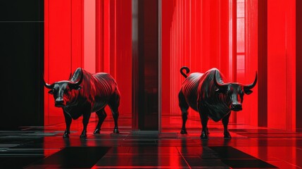 Poster - Black Bulls in a Minimalist Red Environment with Abstract Lines