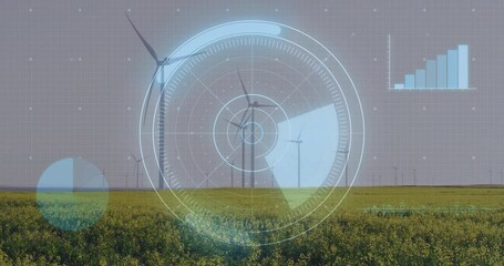Poster - Wind turbine rotating inside scanning radar rings, showing pulsing pie chart and rising bar graph