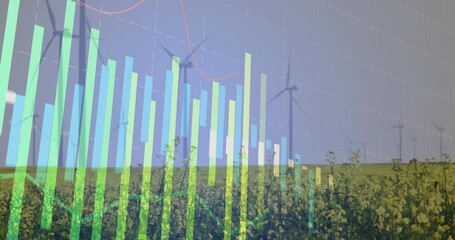 Poster - Digital bar chart animating over field, flat design showing red trend line and turbines spinning