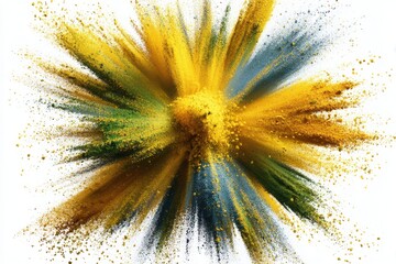 Poster - An explosion of vibrant Holi powder in yellow, green, and blue against a clean white background, creating a dynamic and colorful burst of energy and celebration.