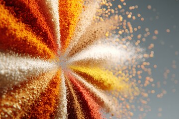 Poster - An abstract explosion of colorful powders forming a vibrant starburst pattern, showcasing a range of hues and textures against a soft, blurred background.