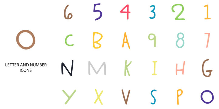 Letter and Number simple concept 24 hand drawn color icons set .Vector illustration.