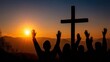© AGI Studio - Silhouettes worship at sunrise by a cross, raising hands in reverence against a scenic mountain backdrop.