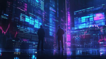 Fototapete - Futuristic Data Visualization with Two Silhouetted Figures in City