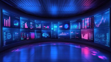 Poster - Futuristic Data Analysis Room with Colorful Displays and Graphs