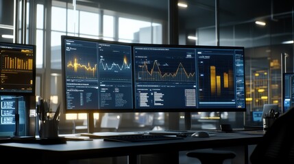 Poster - Modern Office Space with Data Analysis and Financial Charts