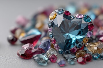 Poster - An exquisite heart-shaped gemstone, surrounded by smaller colorful gems, sparkles with brilliance, reflecting light in mesmerizing ways, a symbol of love and luxury.