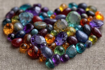 Poster - Heart shape made of colorful precious stones on textured fabric, symbolizing love, beauty, and a wealth of valuable gemstones, arranged carefully to create an attractive pattern.