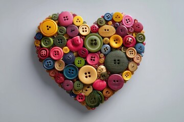 Poster - Heart shape made from colorful vintage sewing buttons, a bright background of love and passion, arranged in a mosaic for a unique texture and pattern design.