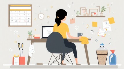 Poster - Woman working at a cluttered home office desk.