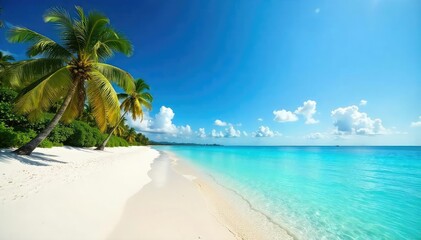 white sand beach, clear blue water, palm trees distant, sun, seascape