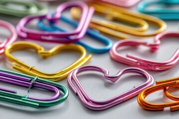 Poster - a close-up of colorful heart-shaped paper clips scattered on a light gray surface, creating a vibran