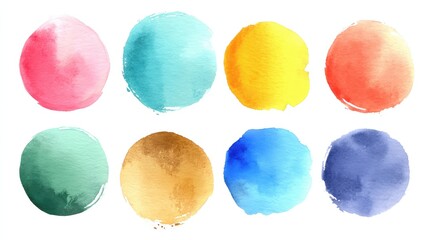 Poster - Eight colorful watercolor circles arranged in two rows on a white background, showcasing vibrant pastel shades and artistic brush textures.