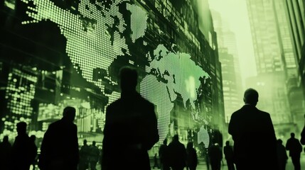 Poster - Urban Silhouettes Against Digital World Map in Green Tones