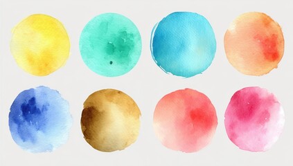 Poster - Eight colorful watercolor circles arranged in two rows on a white background, showcasing vibrant pastel shades and artistic brush textures.