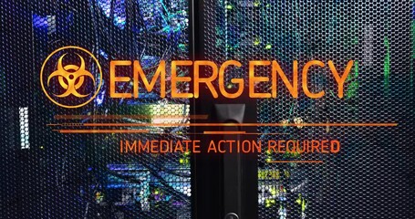 Poster - 3D render showing server cabinet mesh panel with biohazard warning, emergency text, cables, LEDs
