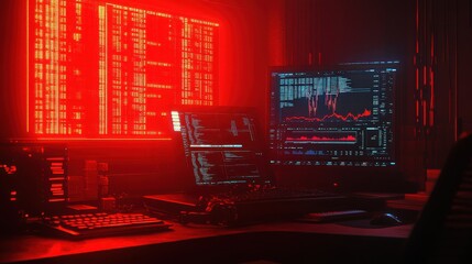 Fototapete - Futuristic Workspace with Multiple Monitors in Red Lighting Atmosphere