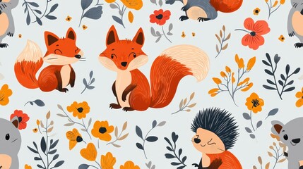 Poster - Seamless pattern with cute foxes, hedgehogs, koalas and flowers.