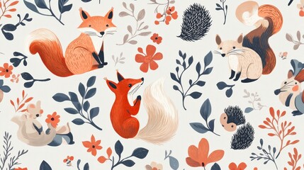 Poster - Seamless pattern with cute foxes, squirrels, hedgehogs and flowers.