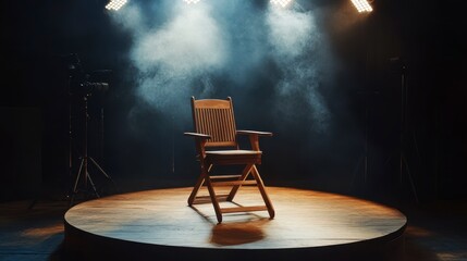 Poster - Empty wooden chair on a stage with spotlights and smoke.