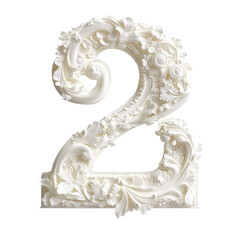 Poster - Intricate three-dimensional white number two with ornate floral and foliate carvings against a transparent background. Detailed texture and artistic design.