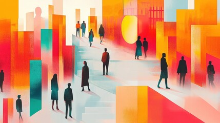 Poster - Abstract City Scene with Silhouetted Figures and Vibrant Colors