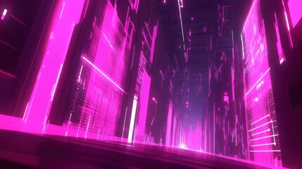 Fototapete - Neon Pink Abstract Digital Corridor with Light Effects and Lines