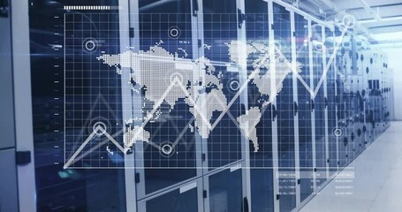 Poster - Dotted world map overlaying grid in server rack corridor, highlighting circular node markers