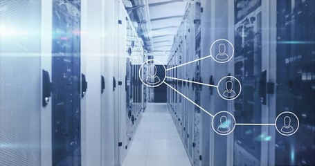Poster - 3D render showing server rack corridor extending with translucent network icons hovering on right