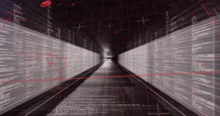 Poster - Futuristic data corridor rendering in 3D, with scrolling code panels, red grid and hexagon outlines