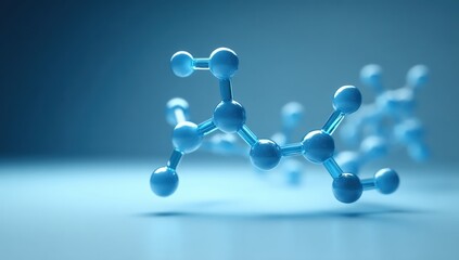 Poster - A close-up 3D rendering of blue molecular structures, representing atoms connected in a scientific model on a smooth blue background.