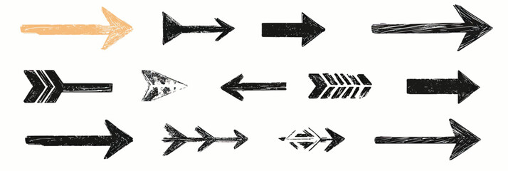 Poster - Set of 14 hand drawn black and orange arrow icons with rough textured style and various directions and shapes for design elements and navigation