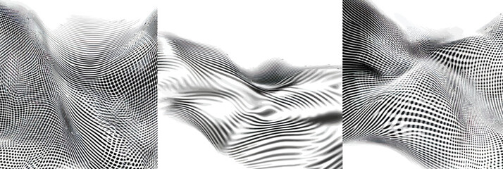 Poster - Set of three abstract distorted black and white wavy grid backgrounds with warped checkerboard and striped patterns creating dynamic optical illusion and geometric textures