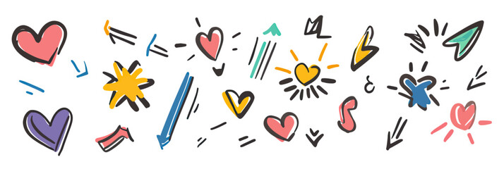 Poster - Colorful hand drawn doodle hearts and arrows cartoon comic style line movement elements and decorations for love and expression vector illustration