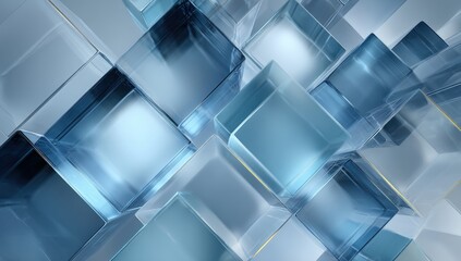 Poster - Abstract 3D glass cubes overlapping, creating a modern and futuristic geometric pattern in cool blue tones.