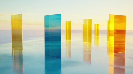 Poster - Colorful Transparent Panels on Calm Water with Gentle Sunrise Background