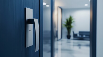 Poster - Modern office door handle with blurred interior background.