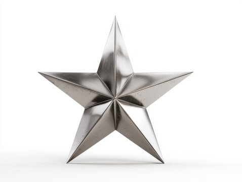 Shiny silver star standing upright on a white surface in a studio setting, close up view, minimalist style