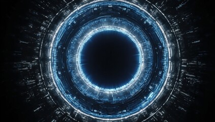 Aufkleber - A glowing, futuristic circular structure with radiating blue lights and intricate digital patterns, resembling a portal or high-tech eye.