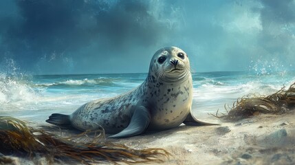 Poster - Harbor seal pup on sandy beach, ocean waves, dramatic sky.